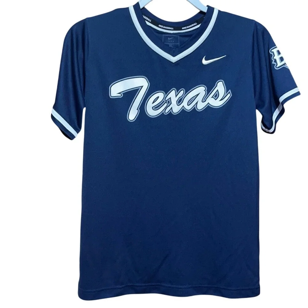 Nike Team Engineered Texas Baseball Jersey Navy Blue V-Neck Shirt XL 14